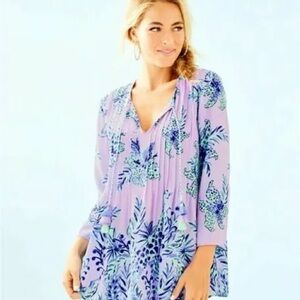 Lilly Pulitzer Marilina Tunic in a light purple, blue, and green floral top